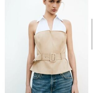 Mixed Halter Top. Stylish Tan and White Belted.